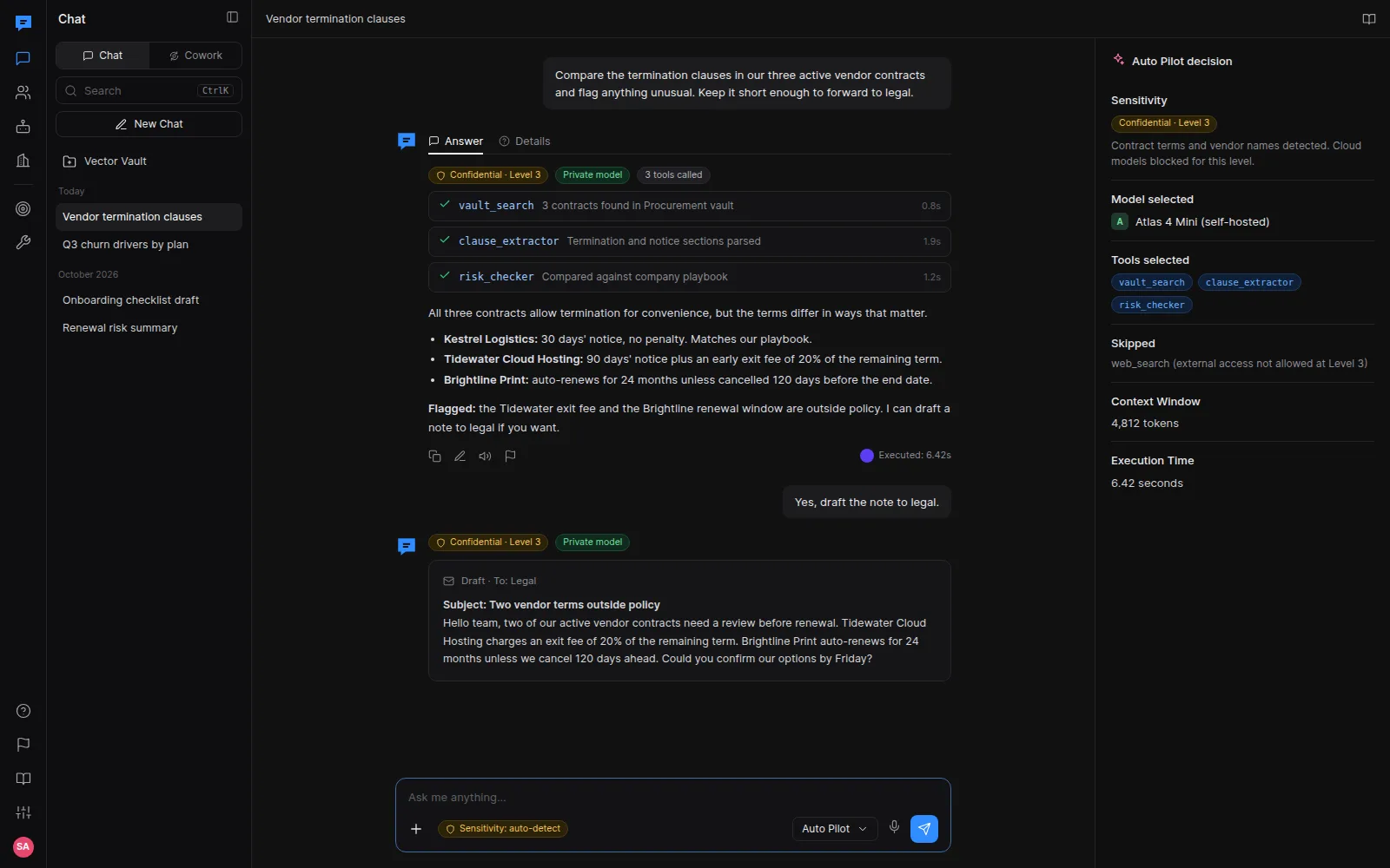 Secure chat where AutoPilot detects a Confidential data level, keeps the request on a private model, calls three tools and explains its choice in a side panel.